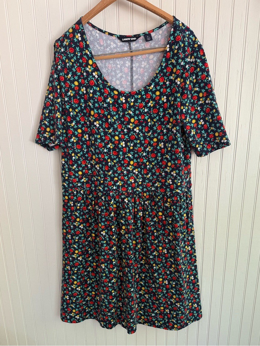 Lands' End Navy Floral Short Sleeve Cotton Dress Size L